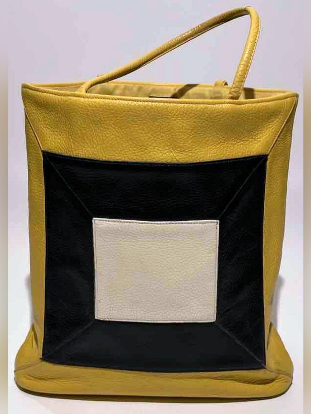 VTG 1960s Roger Van S Leather Colorblock Tote Bag 12" Yellow Black Cream Mod MCM